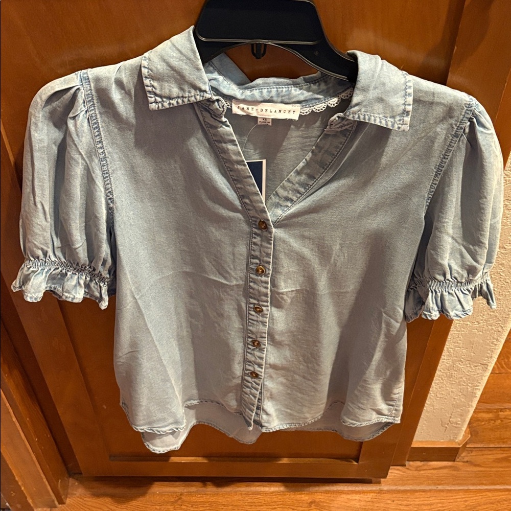 Anthropologie Light Blue Puff Sleeve Button-Down Shirt